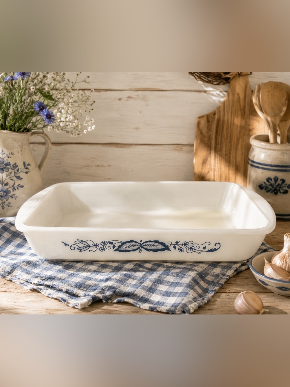 VINTAGE GLASSBAKE Blue Floral Rectangular Baking Dish